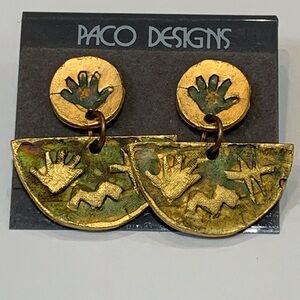 New Pierced earrings metal gold green wash handprints